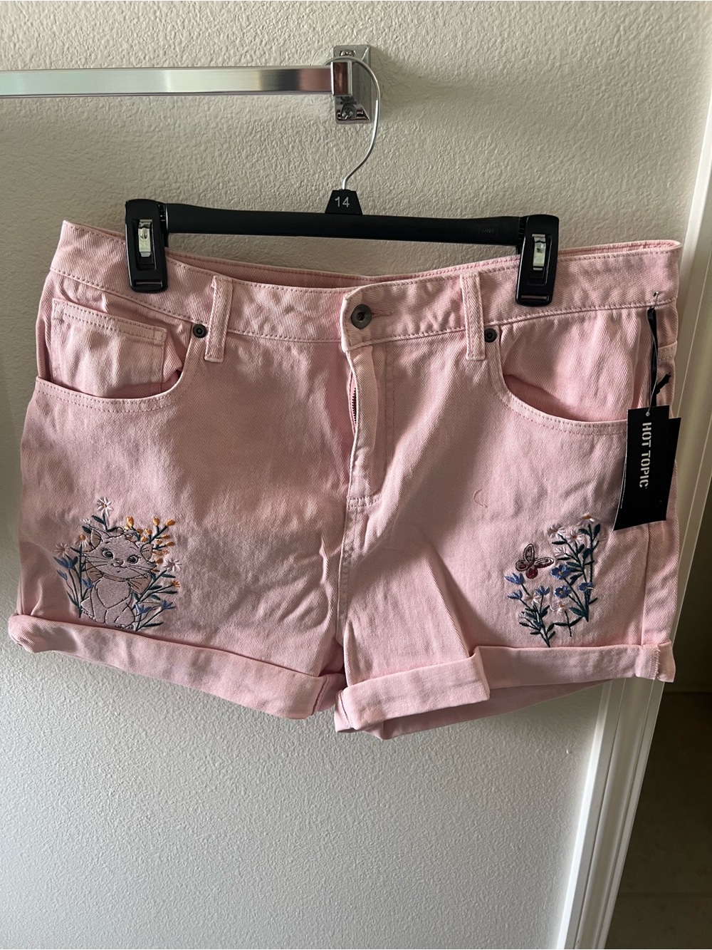 Disney Aristocats Marie Pink Embroidered Floral Denim Shorts